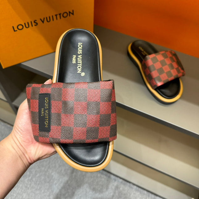 LV VELCRO SLIPPERS RED MIX BLACK DAMIER MONOGRAM CALFSKIN