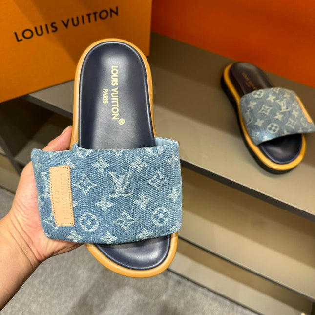 LV VELCRO SLIPPERS IN LIGHT BLUE MONOGRAM DENIM