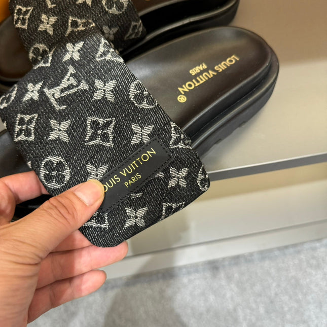 LV VELCRO SLIPPERS IN BLACK MONOGRAM JACQUARD