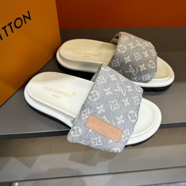 LV VELCRO SLIPPERS IN GREY MONOGRAM JACQUARD