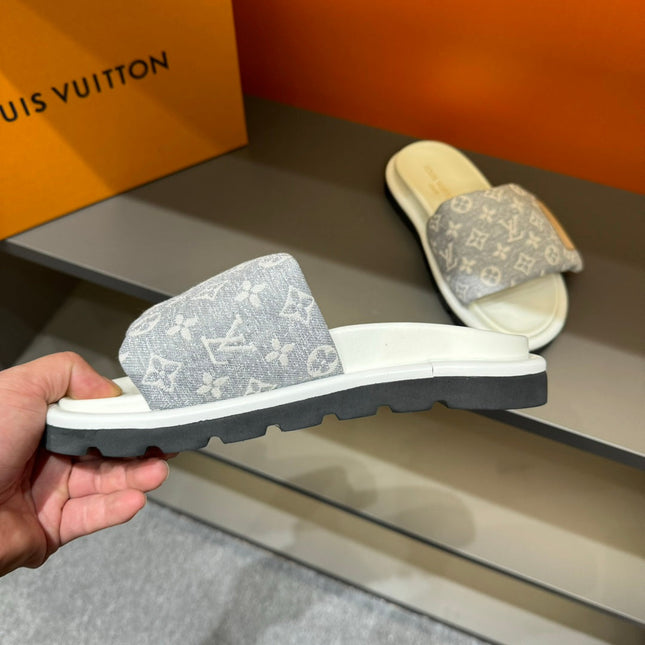 LV VELCRO SLIPPERS IN GREY MONOGRAM JACQUARD