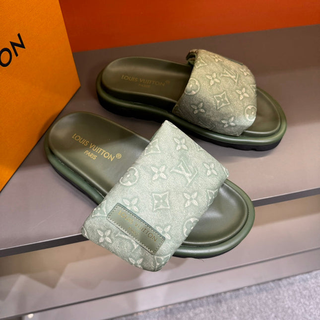 LV VELCRO SLIPPERS IN OLIVE GREEN MONOGRAM JACQUARD