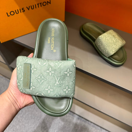 LV VELCRO SLIPPERS IN OLIVE GREEN MONOGRAM JACQUARD