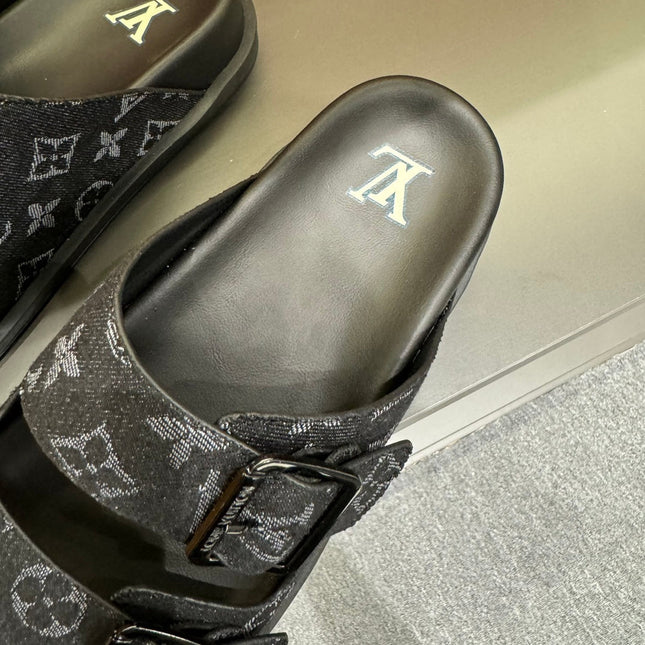 LV DAD SANDAL BLACK MONOGRAM DENIM