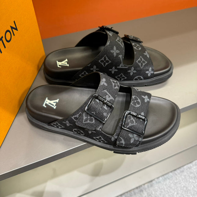 LV DAD SANDAL BLACK MONOGRAM DENIM