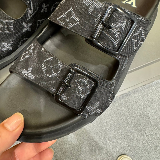 LV DAD SANDAL BLACK MONOGRAM DENIM