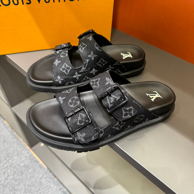 LV DAD SANDAL BLACK MONOGRAM DENIM