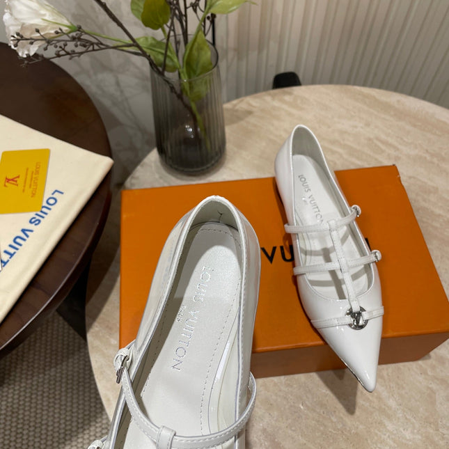 POINTED-TOE TRIPLE-STRAP BALLET FLAT IN WHITE PATENT CALFSKIN