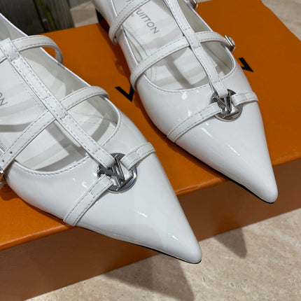 POINTED-TOE TRIPLE-STRAP BALLET FLAT IN WHITE PATENT CALFSKIN