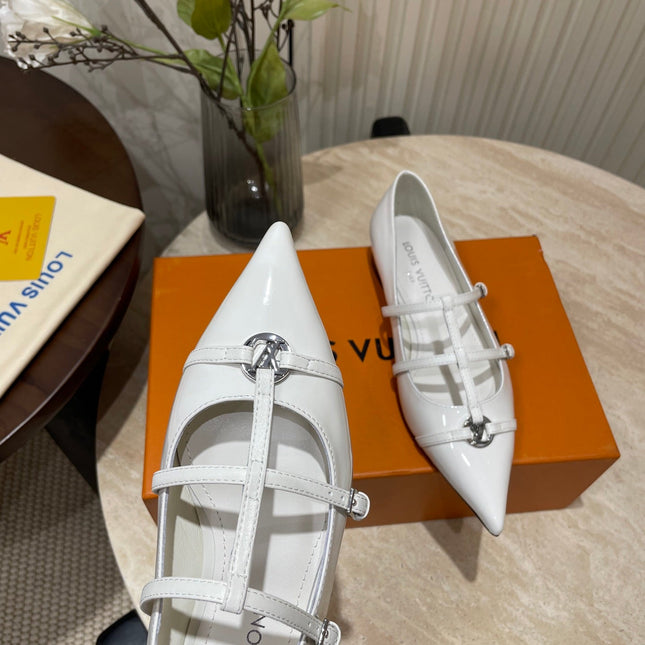 POINTED-TOE TRIPLE-STRAP BALLET FLAT IN WHITE PATENT CALFSKIN