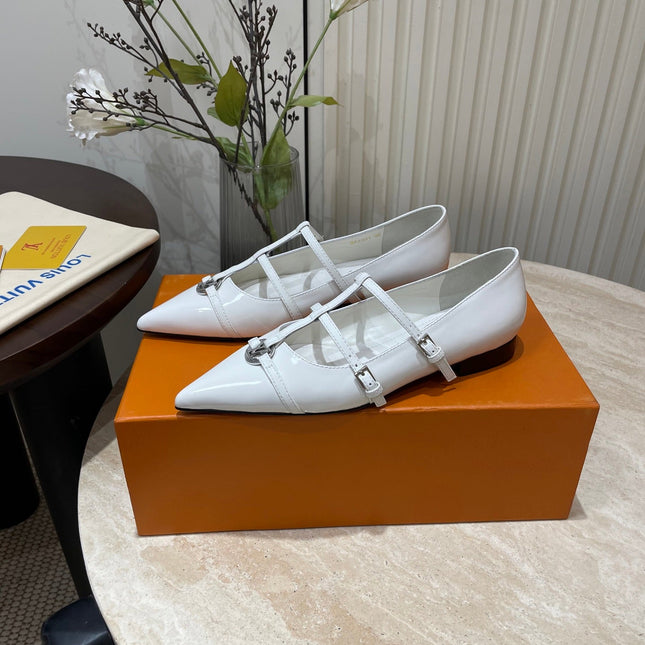 POINTED-TOE TRIPLE-STRAP BALLET FLAT IN WHITE PATENT CALFSKIN