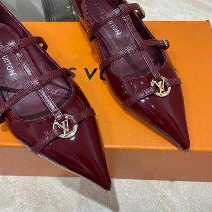 POINTED-TOE TRIPLE-STRAP BALLET FLAT IN BURGUNDY RED PATENT CALFSKIN