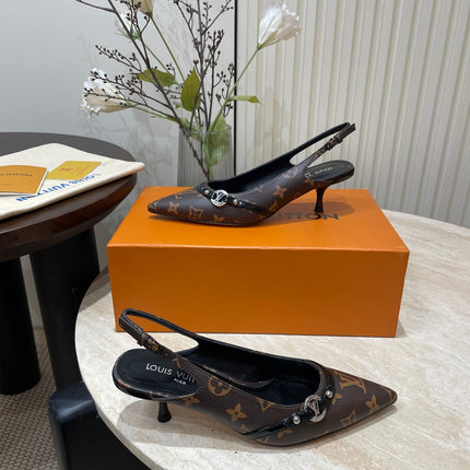 HIGH SLINGBACKS 5 CM IN CHOCOLATE BROWN MONOGRAM CALFSKIN