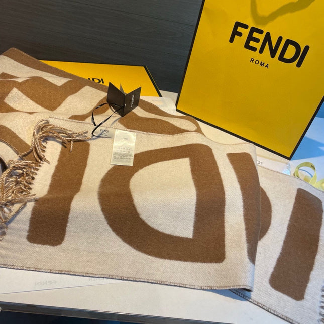 FF 185 CM SCARF IN CARAMEL BROWN MIX WHITE CASHMERE AND WOOL