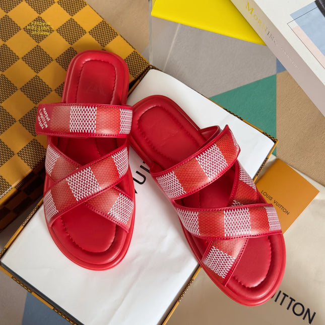 LV VENICE MULE SLIDE SANDALS MONOGRAM CHERRY RED