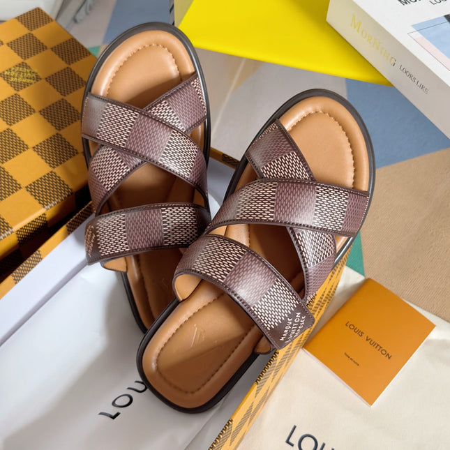 LV VENICE MULE SLIDE SANDALS MONOGRAM CARAMEL BROWN