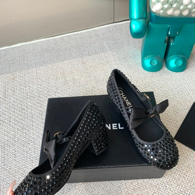 CC MARY JANES SHOES IN BLACK SATIN WITH RHINESTONES