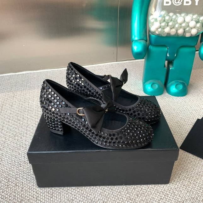 CC MARY JANES SHOES IN BLACK SATIN WITH RHINESTONES