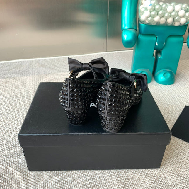 CC MARY JANES SHOES IN BLACK SATIN WITH RHINESTONES