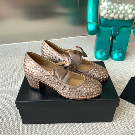 CC MARY JANES SHOES IN COPPER SATIN WITH RHINESTONES