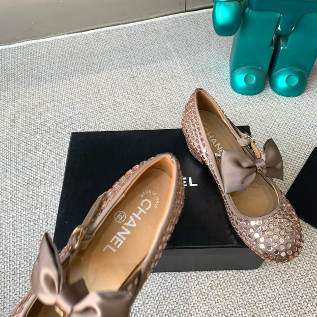 CC MARY JANES SHOES IN COPPER SATIN WITH RHINESTONES