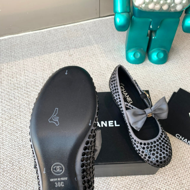 CC MARY JANES SHOES IN STEEL GRAY SATIN WITH BLACK RHINESTONES