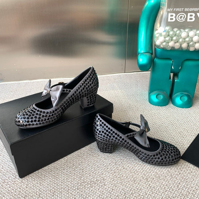 CC MARY JANES SHOES IN STEEL GRAY SATIN WITH BLACK RHINESTONES