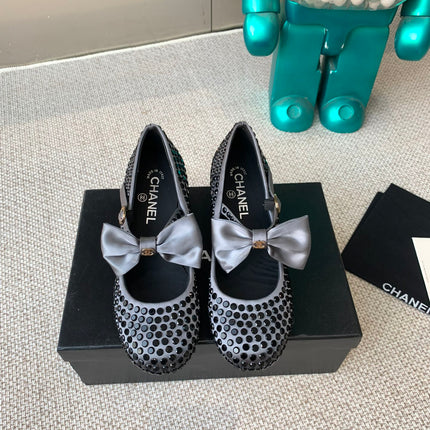 CC MARY JANES SHOES IN STEEL GRAY SATIN WITH BLACK RHINESTONES