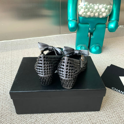 CC MARY JANES SHOES IN STEEL GRAY SATIN WITH BLACK RHINESTONES