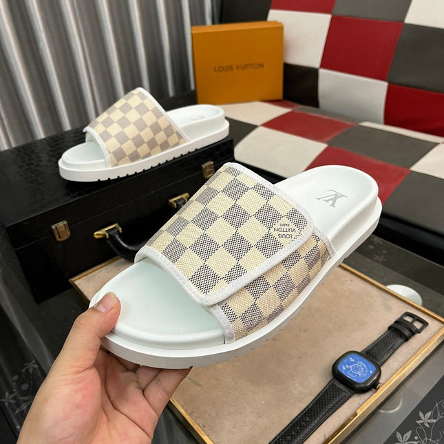 MIAMI MULE IN BEIGE CREAM DAMIER JACQUARD