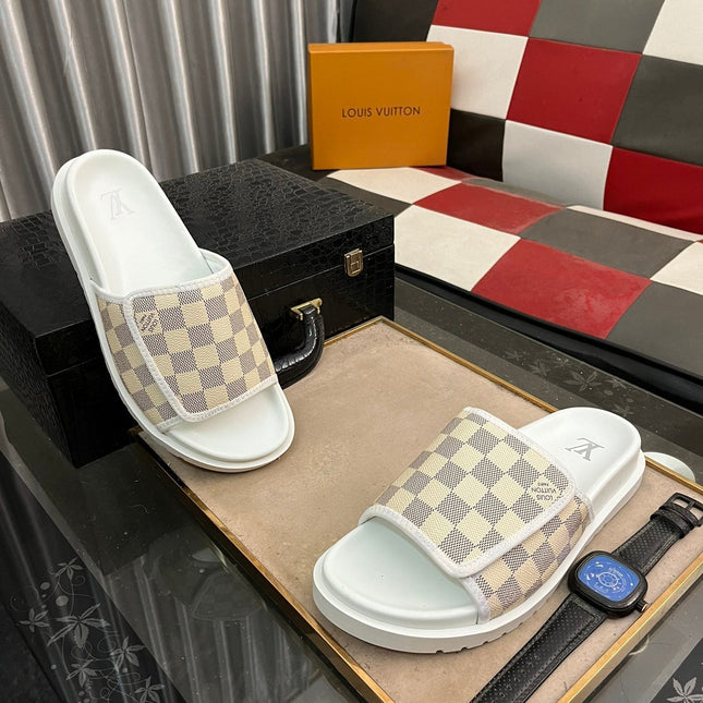 MIAMI MULE IN BEIGE CREAM DAMIER JACQUARD