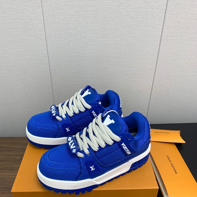 LV WOMEN'S TRAINER IN COBALT BLUE JACQUARD AND CALFSKIN