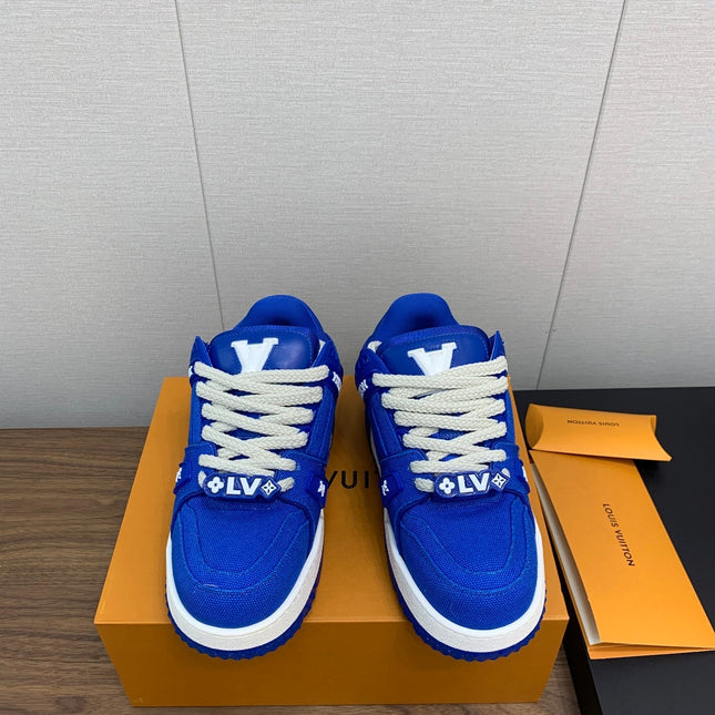 LV WOMEN'S TRAINER IN COBALT BLUE JACQUARD AND CALFSKIN