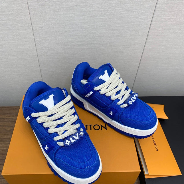 LV WOMEN'S TRAINER IN COBALT BLUE JACQUARD AND CALFSKIN