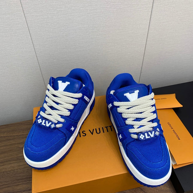 LV WOMEN'S TRAINER IN COBALT BLUE JACQUARD AND CALFSKIN