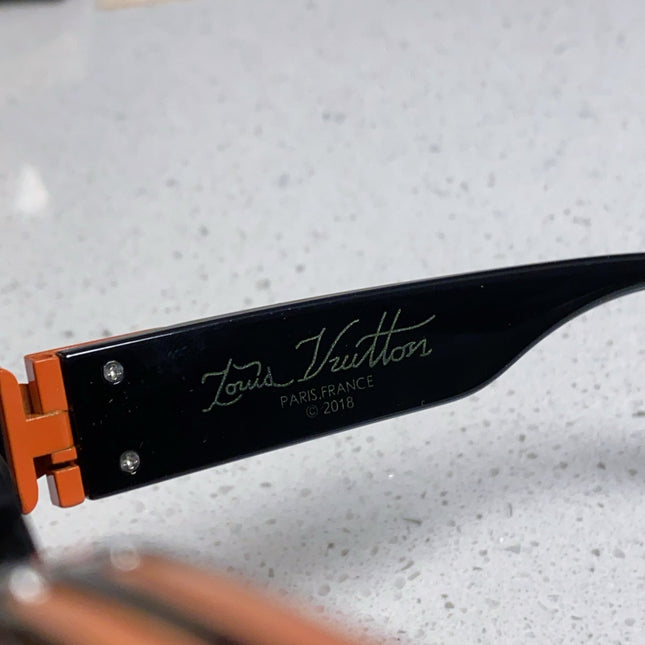 RECTANGLE SUNGLASSES 575848 IN BLACK ACETATE ORANGE METAL YELLOW LENS