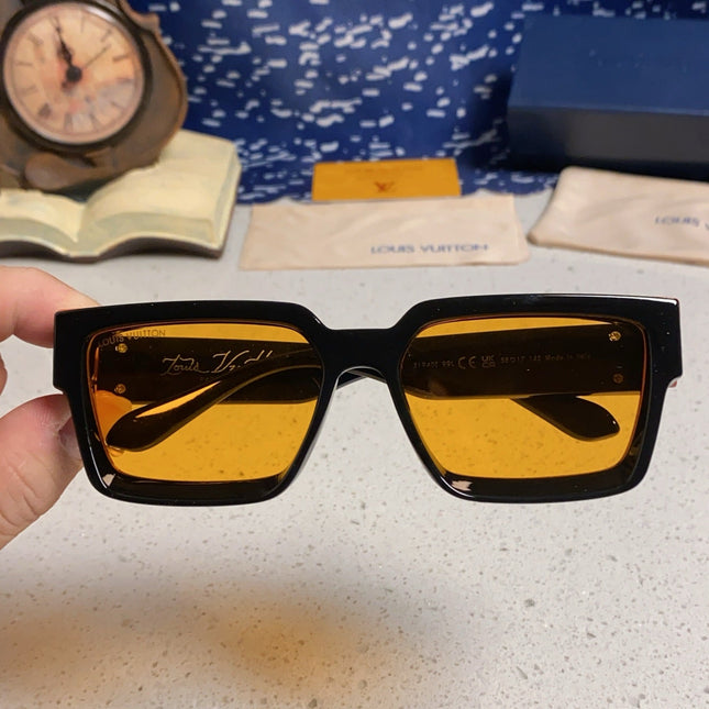 RECTANGLE SUNGLASSES 575848 IN BLACK ACETATE ORANGE METAL YELLOW LENS