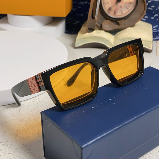 RECTANGLE SUNGLASSES 575848 IN BLACK ACETATE ORANGE METAL YELLOW LENS