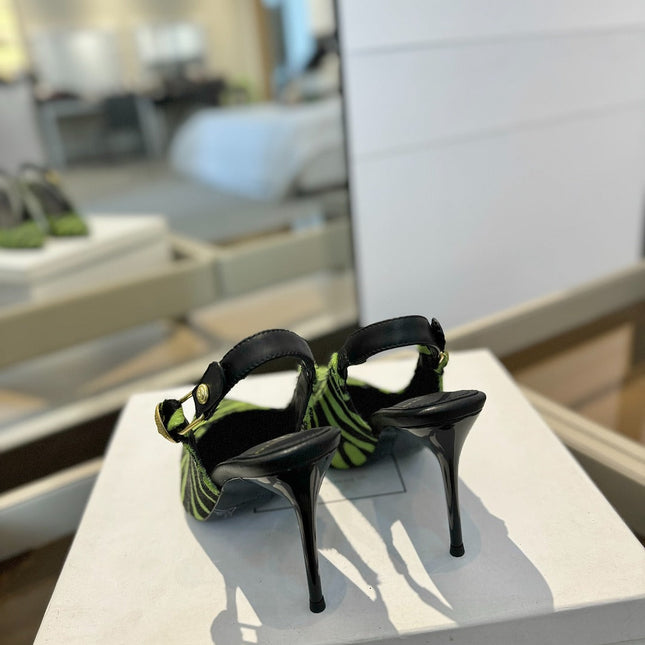 BALMAIN 25S SLINGBACK EVA 95MM IN GREEN AND BLACK ZEBRA PRINT CALFSKIN