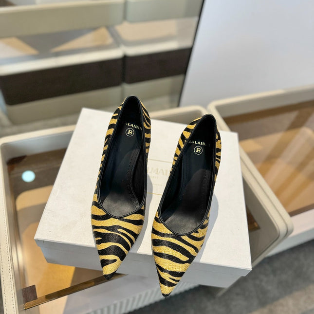 BALMAIN 25S HIGH HEELS 95MM IN YELLOW AND BLACK ZEBRA PRINT CALFSKIN