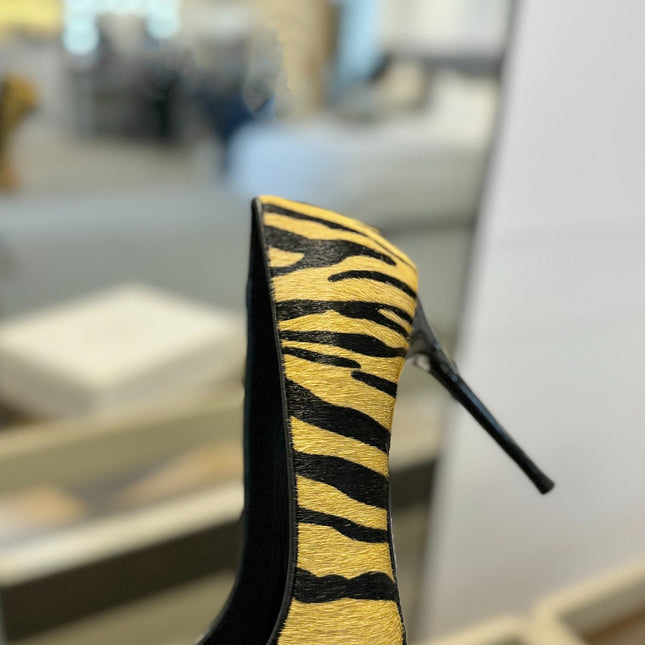 BALMAIN 25S HIGH HEELS 95MM IN YELLOW AND BLACK ZEBRA PRINT CALFSKIN