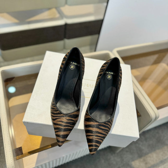 BALMAIN 25S HIGH HEELS 95MM IN BROWN AND BLACK ZEBRA PRINT CALFSKIN