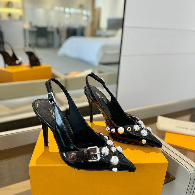 HIGH HEELS 95 MM IN BLACK PATENT CALFSKIN WITH CRYSTALS