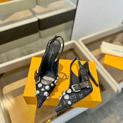 HIGH HEELS 95 MM IN BLACK MONOGRAM DENIM WITH CRYSTALS