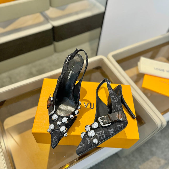 HIGH HEELS 95 MM IN BLACK MONOGRAM DENIM WITH CRYSTALS
