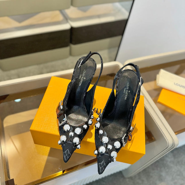 HIGH HEELS 95 MM IN BLACK MONOGRAM DENIM WITH CRYSTALS