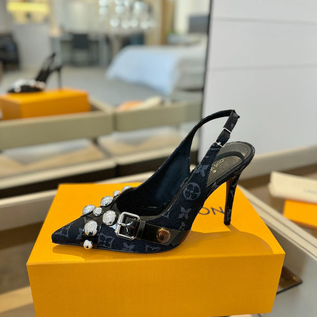 HIGH HEELS 95 MM IN BLACK MONOGRAM DENIM WITH CRYSTALS