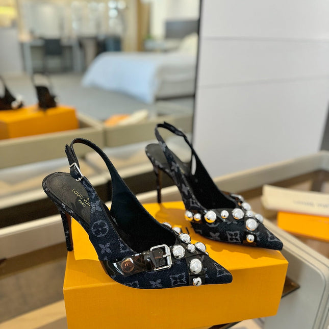 HIGH HEELS 95 MM IN BLACK MONOGRAM DENIM WITH CRYSTALS