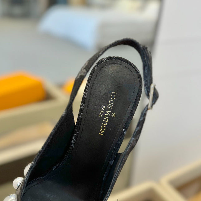 HIGH HEELS 95 MM IN BLACK MONOGRAM DENIM WITH CRYSTALS