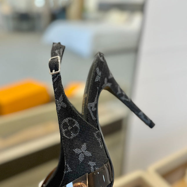 HIGH HEELS 95 MM IN BLACK MONOGRAM DENIM WITH CRYSTALS